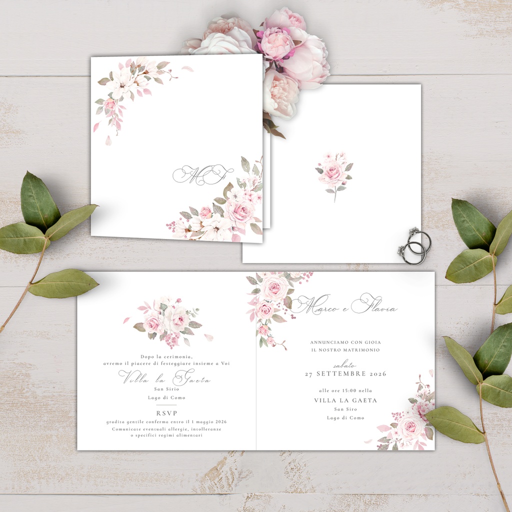 Partecipazione quadrata a 2 ante - Only Roses